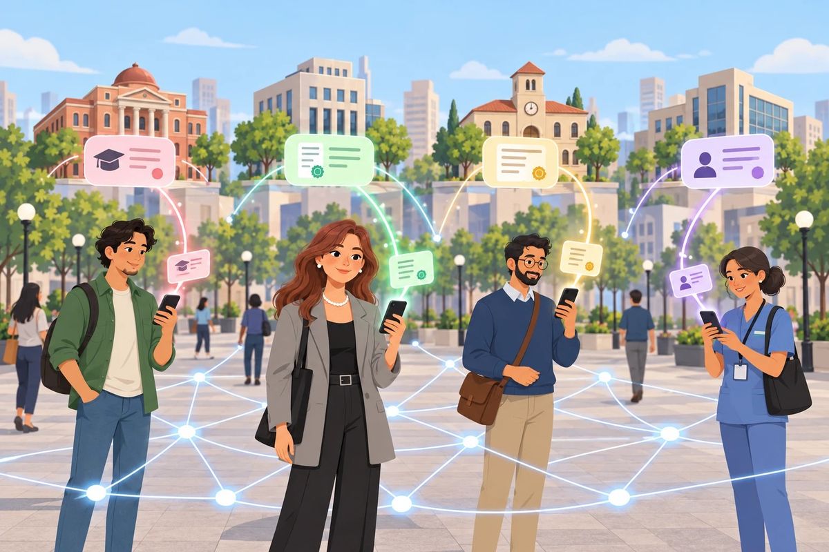 Ilustracion de una plaza con edificios de distintas instituciones al fondo. De cada edificio sale una tarjeta luminosa que llega al celular de una persona distinta: un estudiante, una profesional, un docente y una enfermera. Debajo, en el piso, una red de lineas conecta a todos por igual.
