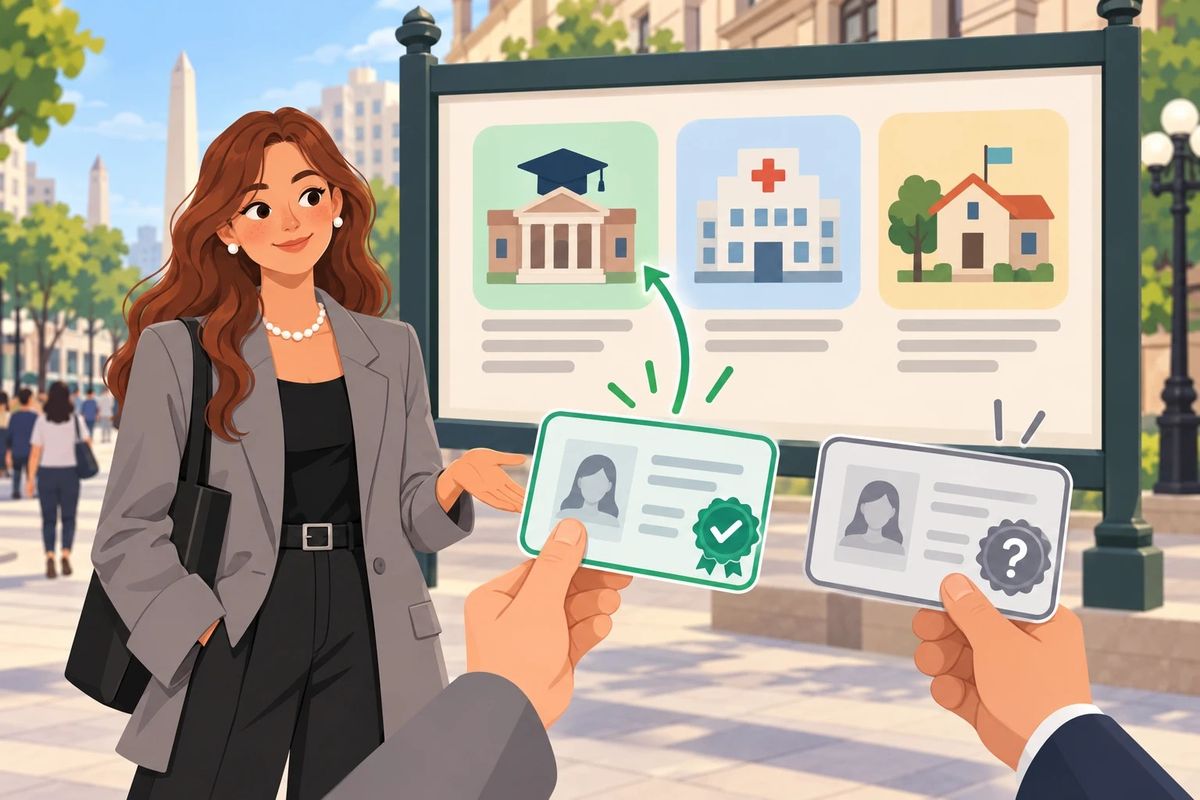 Ilustracion de una cartelera publica con tres instituciones reconocidas: una universidad, un colegio profesional con una cruz medica y un municipio. Frente a ella, dos manos sostienen dos credenciales con sello: la que viene de la universidad de la cartelera se ilumina en verde; la otra queda en gris, con un signo de pregunta.