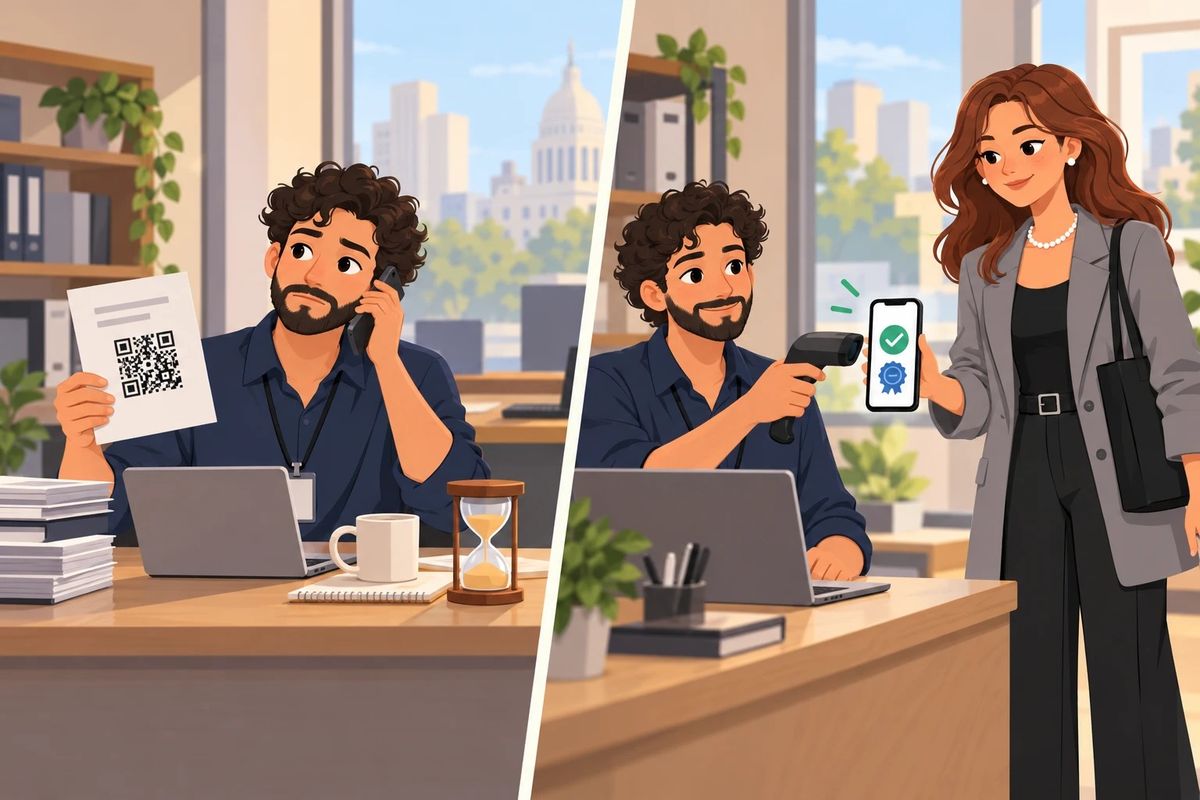 Ilustracion dividida en dos. A la izquierda, un empleado con un papel con codigo QR en la mano habla por telefono y espera, con un reloj de arena sobre el escritorio. A la derecha, el mismo empleado escanea el celular que le acerca una mujer y en la pantalla aparece al instante una tilde verde con un sello.