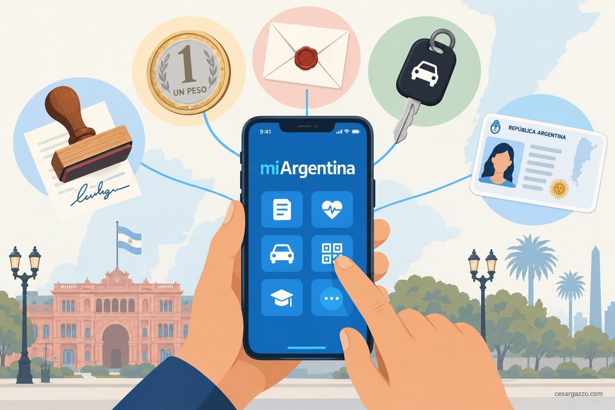 Ilustracion de unas manos sosteniendo un telefono con la aplicacion miArgentina abierta, con la Casa Rosada y el Obelisco dibujados de fondo. De la pantalla salen, unidos por lineas, cinco objetos: un sello de goma sobre un documento firmado, una moneda de un peso, un sobre cerrado con lacre rojo, una llave de auto y una credencial de identidad con el escudo argentino.
