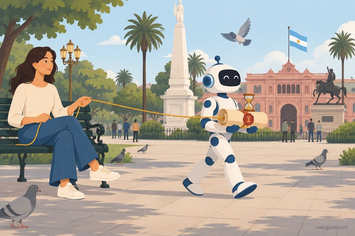 Ilustracion en Plaza de Mayo. Una mujer sentada en un banco le entrega a un pequeño robot un pergamino enrollado con un lacre rojo y un reloj de arena. Del pergamino sale un cordon dorado que vuelve tenso hasta la mano de ella. El robot camina hacia la Casa Rosada, que se ve al fondo con la bandera argentina.