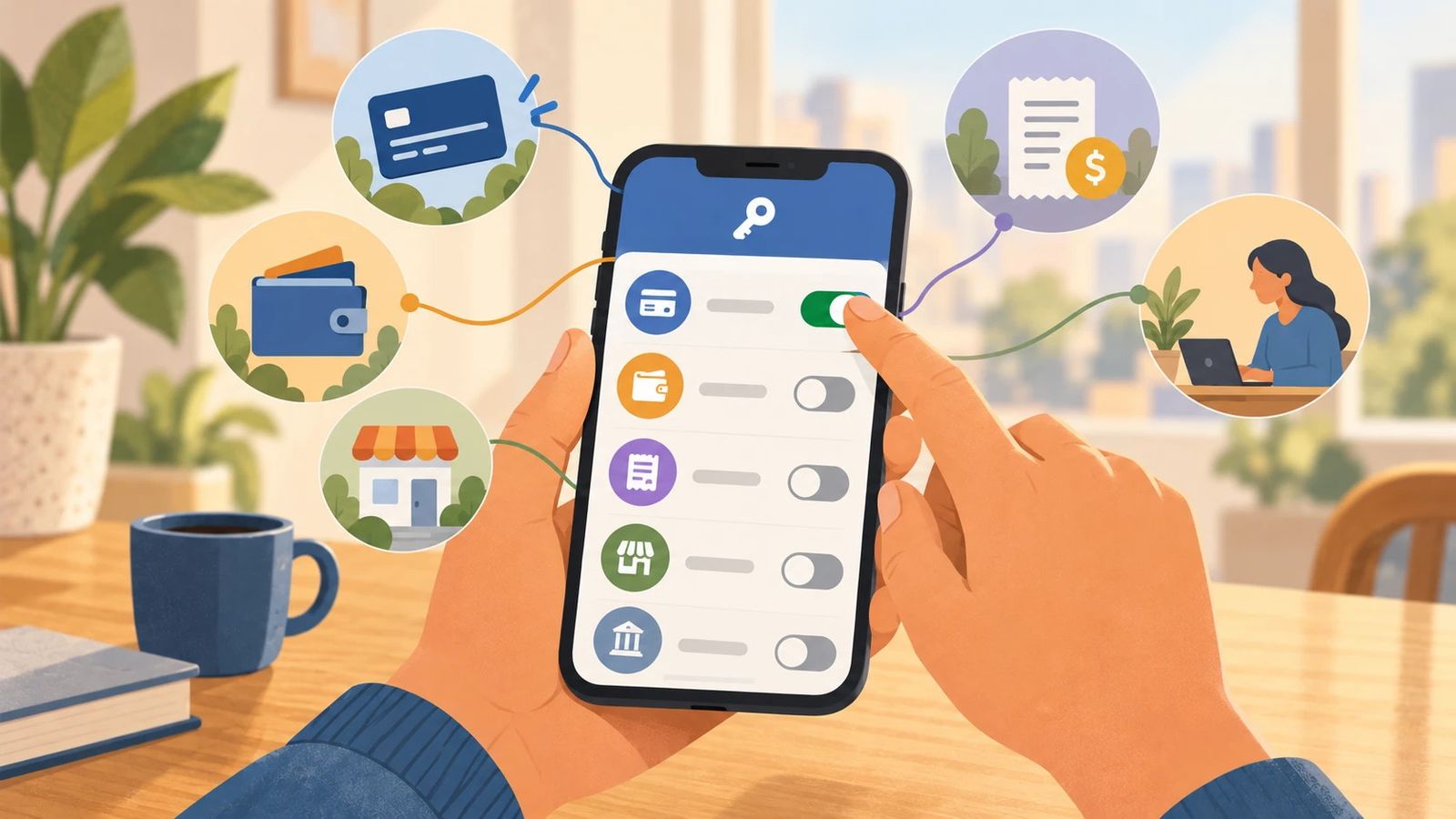 Ilustracion de dos manos sosteniendo un celular sobre una mesa de madera. En la pantalla hay una lista de permisos, cada uno con un icono -tarjeta, billetera, comprobante, comercio, banco- y un interruptor; el pulgar esta activando uno. Alrededor, en circulos, una tarjeta de credito, una billetera, un comercio, un comprobante de pago y una persona trabajando en su computadora.