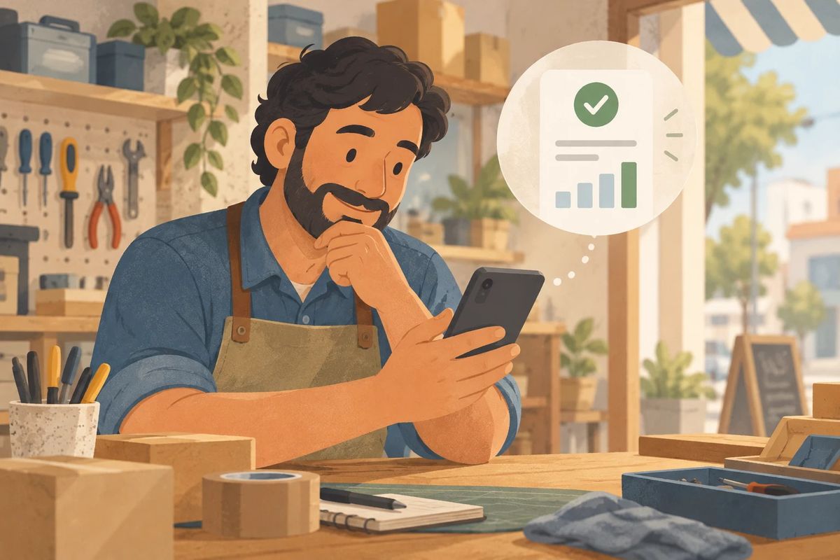Ilustracion de un carpintero con delantal sentado en su taller, rodeado de herramientas y cajas, que mira el celular con una sonrisa. Al lado aparece un globo con un documento que tiene un tilde verde y un grafico de barras que crece: su historia de facturacion y pagos, a mano para mostrarla.