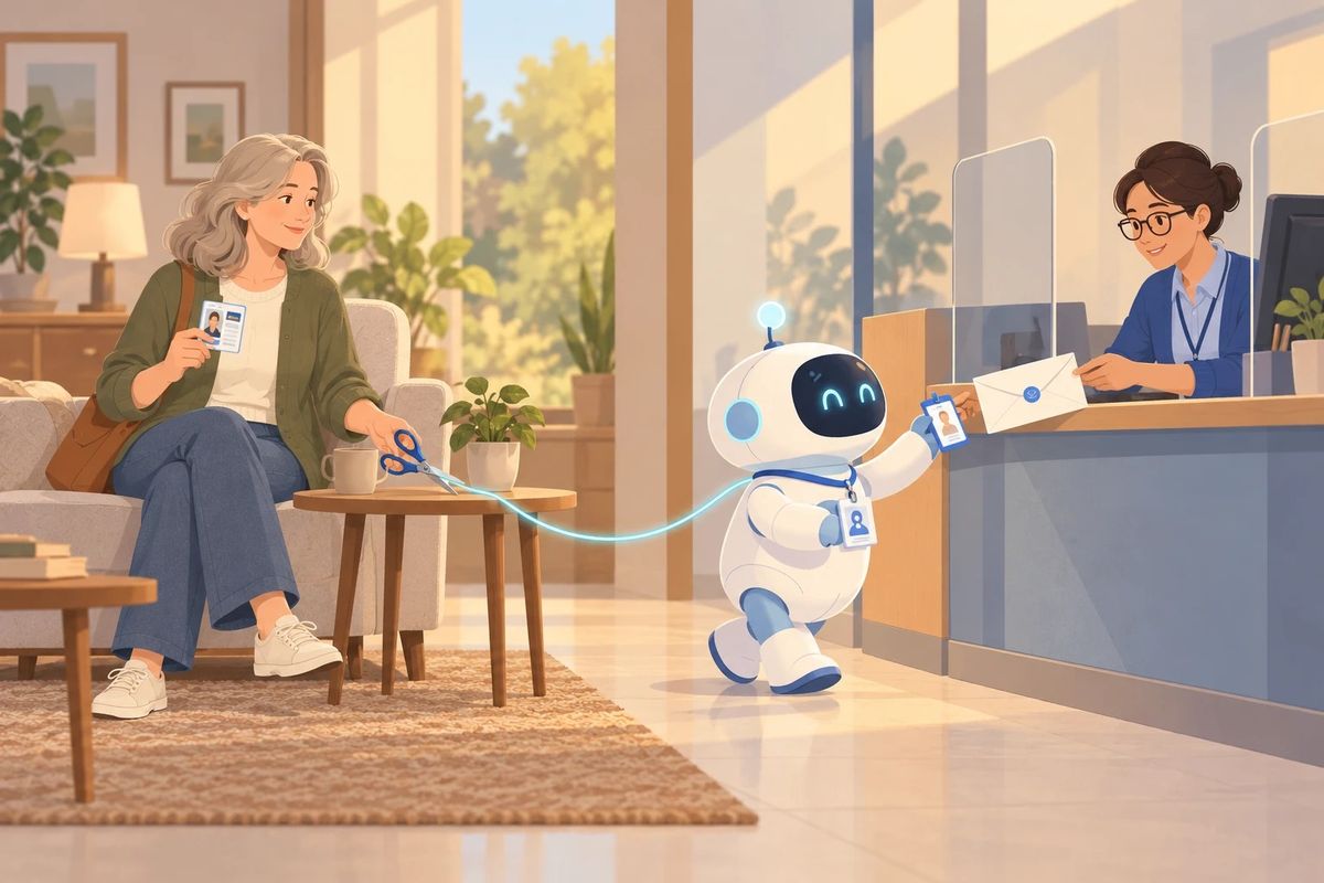 Ilustracion de una mujer sentada en su casa con su credencial en una mano y una tijera en la otra, junto a un hilo luminoso que la une con un pequeño robot. El robot, con su propia credencial colgada, la muestra en la ventanilla de una oficina, donde una empleada recibe un sobre cerrado.