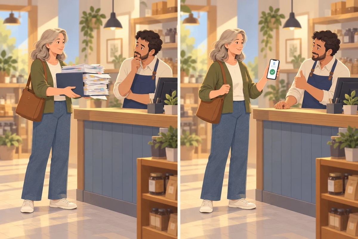 Ilustracion dividida en dos. A la izquierda, una mujer le entrega a un comerciante una carpeta repleta de papeles y el comerciante duda. A la derecha, la misma mujer le muestra el celular con una sola tarjeta y un tilde verde, y el comerciante levanta el pulgar.