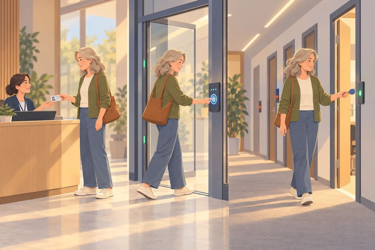 Ilustracion en tres momentos de la misma mujer. Primero entrega su documento en una mesa de entrada; despues abre una puerta de vidrio apoyando el dedo en un lector de huellas; por ultimo, en un pasillo con varias puertas, su llave abre una que tiene luz verde mientras las otras siguen con luz roja.
