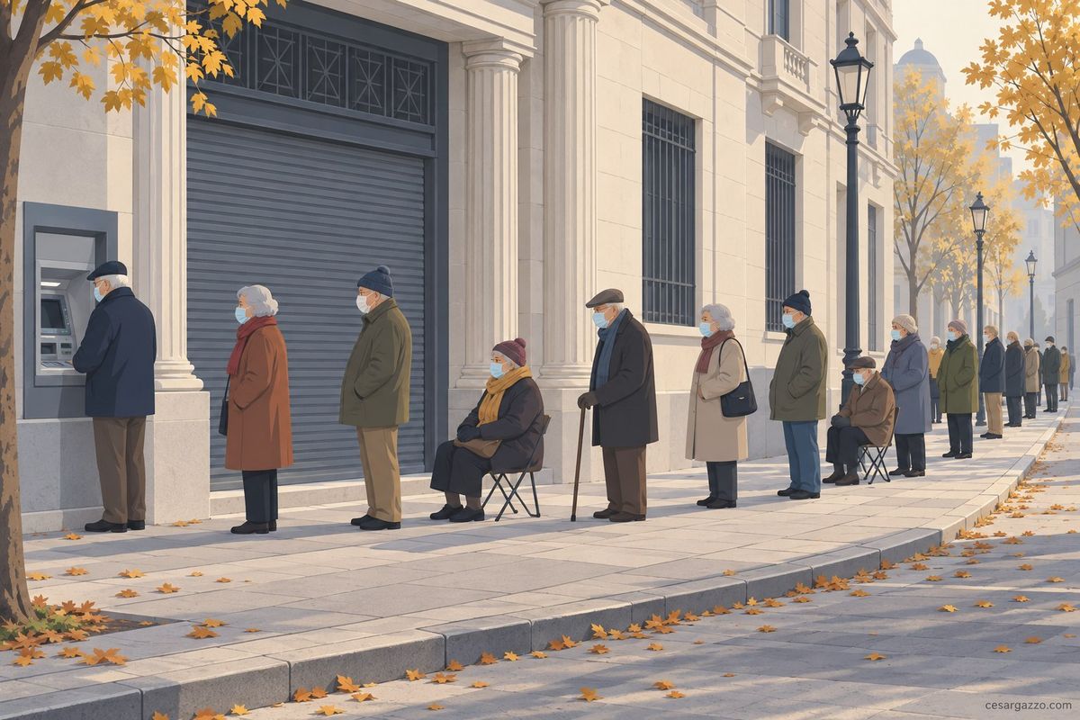 Ilustracion sobria de una vereda en una manana de otono. Una fila larga de personas mayores con barbijo espera separada entre si frente a un banco con la persiana metalica baja y las puertas cerradas. Algunas trajeron sillas plegables, otra se apoya en un baston. La calle esta vacia y hay hojas secas en el piso.