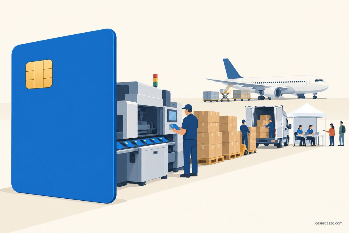 Ilustracion de una unica tarjeta de debito azul enorme en primer plano. Detras, alejandose en perspectiva y cada vez mas chica, toda la cadena que hace falta para producirla y entregarla: una maquina industrial de personalizacion, pilas de cajas sobre pallets, una camioneta de reparto, un avion de carga y una carpa de operativo territorial donde unos empleados entregan las tarjetas a la gente.