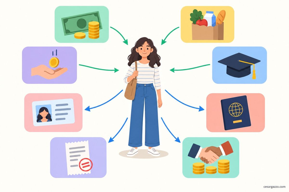Ilustracion de una mujer parada en el centro, rodeada por ocho tarjetas de colores con un icono cada una. Cuatro flechas verdes van desde las tarjetas hacia ella, con lo que cobra: billetes y monedas, una bolsa con alimentos, una mano abierta recibiendo una moneda y un birrete de graduacion. Cuatro flechas azules van desde ella hacia las otras tarjetas, con lo que paga: un documento de identidad, un pasaporte, un recibo con un sello y un apreton de manos sobre monedas. Las tarjetas no estan conectadas entre si.