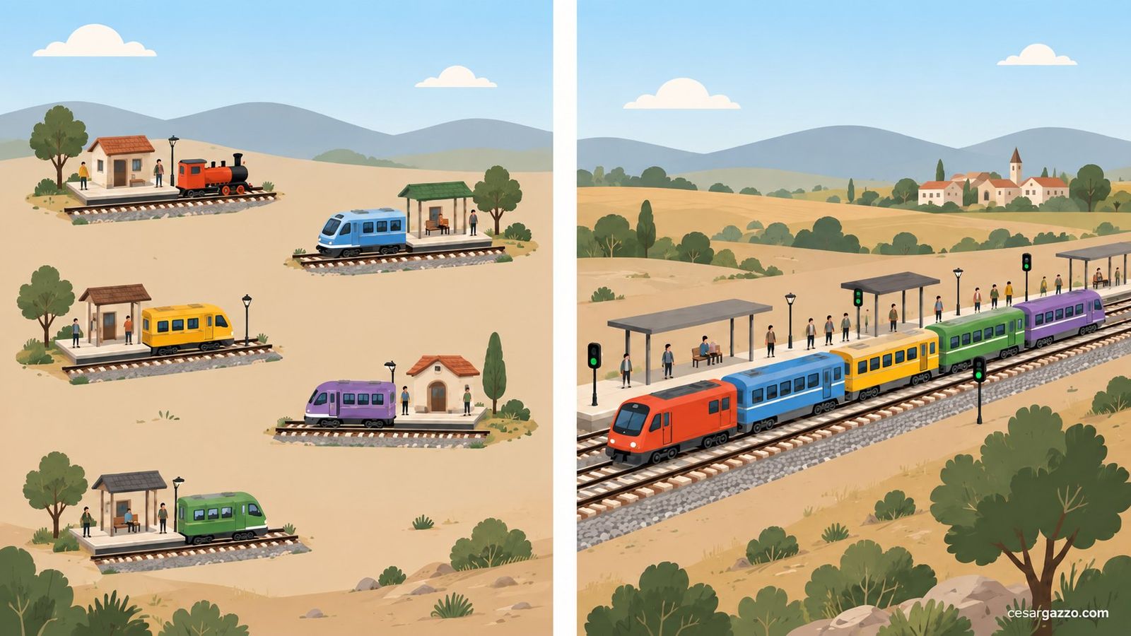 Ilustracion partida en dos. A la izquierda, cinco tramos de via ferrea sueltos y separados entre si, cada uno con su propia estacion chica y su propio tren, sin conectarse con los demas. A la derecha, una sola via larga y bien construida, con un anden largo lleno de gente, por la que circulan cinco trenes de colores distintos.