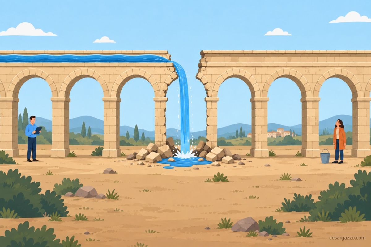 Ilustracion de un acueducto romano de siete tramos. Los tres primeros llevan agua. El cuarto se derrumbo: el agua se cae al vacio y forma un charco entre los sillares caidos. Los tres tramos siguientes estan intactos pero el canal esta seco. A la izquierda, un empleado mira una tablet. A la derecha, una mujer espera junto a un balde vacio, mirando hacia el canal sin agua.