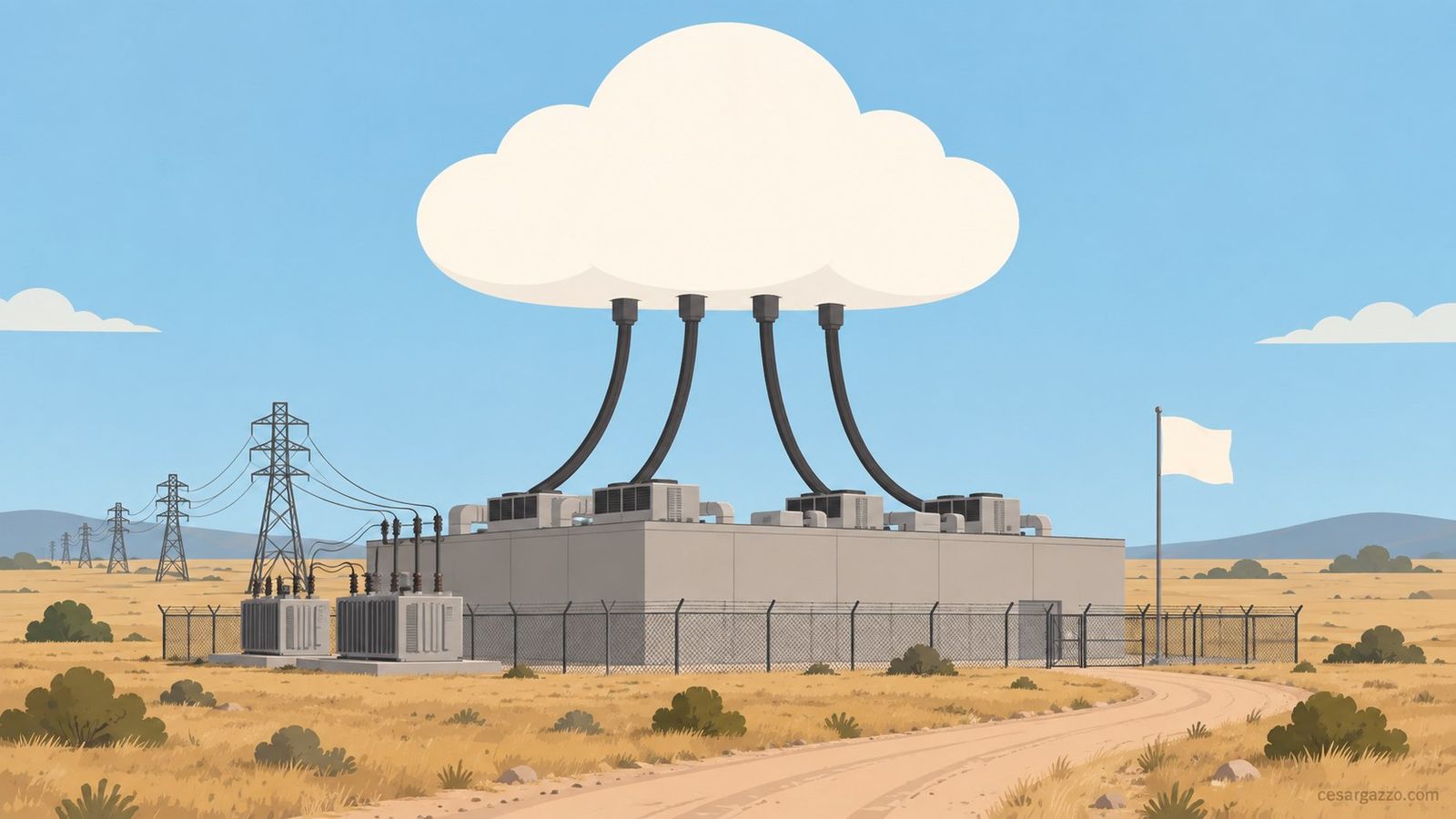 Ilustracion de una gran nube blanca de diagrama flotando sobre un campo abierto. De la nube bajan cuatro cables gruesos y tensos, como amarras, que terminan en un galpon de hormigon gris sin ventanas, con equipos de refrigeracion en el techo, cerco perimetral, transformadores electricos al costado y torres de alta tension que se alejan hasta el horizonte. Un mastil con una bandera lisa junto al edificio y un camino de tierra que llega hasta el porton.