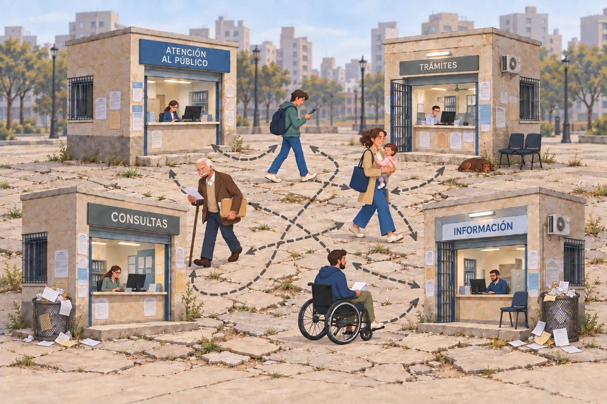Ilustracion de cuatro oficinas publicas chicas y separadas, una en cada esquina de una plaza, con carteles que dicen Atencion al publico, Tramites, Consultas e Informacion. Cada una tiene rejas en las ventanas, un equipo de aire colgado, papeles pegados con cinta en la pared y un empleado adentro mirando su pantalla. Entre las cuatro no hay ningun pasillo ni ninguna conexion: solo baldosas rotas con yuyos creciendo en las juntas, dos tachos desbordados de papeles y un perro durmiendo. Cuatro personas cruzan la plaza, cada una con sus papeles en la mano: un hombre mayor con baston y carpetas, un joven con mochila mirando el celular, una mujer con una beba en brazos y un hombre en silla de ruedas. Sobre el piso, lineas punteadas con flechas de ida y vuelta dibujan el recorrido de cada uno entre las ventanillas, y se cruzan entre si. Esas lineas punteadas son lo unico que conecta a las cuatro oficinas.