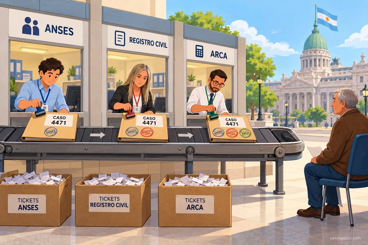 Ilustracion de una cinta transportadora que pasa frente a tres ventanillas seguidas, rotuladas ANSES, Registro Civil y ARCA. Sobre la cinta viaja una carpeta de carton con una etiqueta grande que dice CASO 4471. En cada ventanilla un empleado distinto se inclina y le pone un sello: en la primera lleva un sello, en la segunda dos, en la tercera tres, y el numero de la etiqueta es siempre el mismo. Abajo, en el piso y fuera de la cinta, hay tres cajas de carton separadas y llenas de papelitos sueltos, rotuladas Tickets ANSES, Tickets Registro Civil y Tickets ARCA. A la derecha, un hombre mayor espera sentado en una silla con un unico papel en la mano, tranquilo, mirando pasar la carpeta.