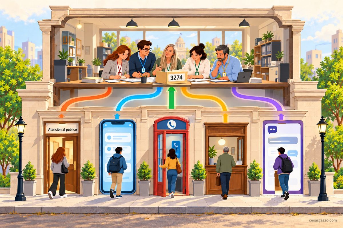 Ilustracion de un edificio publico abierto como una casa de munecas. En la planta baja hay cinco entradas distintas, una al lado de la otra: una puerta de madera con un cartel que dice Atencion al publico, un celular gigante con una conversacion en pantalla, una cabina telefonica roja, un mostrador de madera y otro celular con globos de chat. Cinco personas distintas entran, cada una por una puerta diferente. De cada entrada sale un camino de color -naranja, celeste, verde, amarillo y violeta- que sube y converge en el piso de arriba. Ahi, cinco empleados con credenciales colgadas de colores distintos trabajan alrededor de una sola mesa larga, todos mirando una unica caja de carton con el numero 3274.