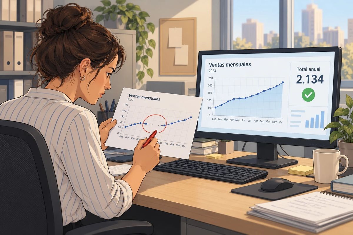 Ilustracion de una mujer sentada en su escritorio de oficina que sostiene con una mano un grafico impreso titulado Ventas mensuales 2023. En el papel, la linea del grafico tiene un hueco en el medio: faltan varios meses. Ella lo rodeo con un circulo rojo y todavia tiene la birome roja en la mano. Sobre el mismo escritorio, la pantalla de la computadora muestra el mismo informe, Ventas mensuales 2023, pero ahi la linea sube suave y continua, sin ningun hueco, con un recuadro al costado que dice Total anual 2.134 y un tilde verde grande.