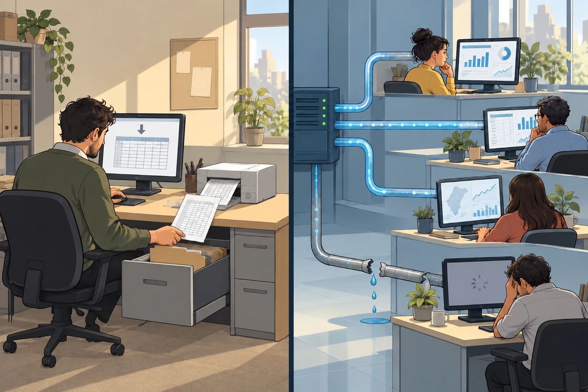 Ilustracion partida en dos mitades por una linea vertical. A la izquierda, un hombre solo en una oficina baja una planilla en su computadora, la imprime y la guarda en el cajon de un archivador: de esa escena no sale ningun cable ni ninguna conexion. A la derecha, un servidor con luces verdes del que salen canos azules iluminados hacia cuatro escritorios donde otras personas trabajan con tableros y graficos en vivo. Uno de esos canos esta partido y gotea sobre el piso; la persona de esa punta tiene la cabeza entre las manos y en su pantalla gira el reloj de espera.