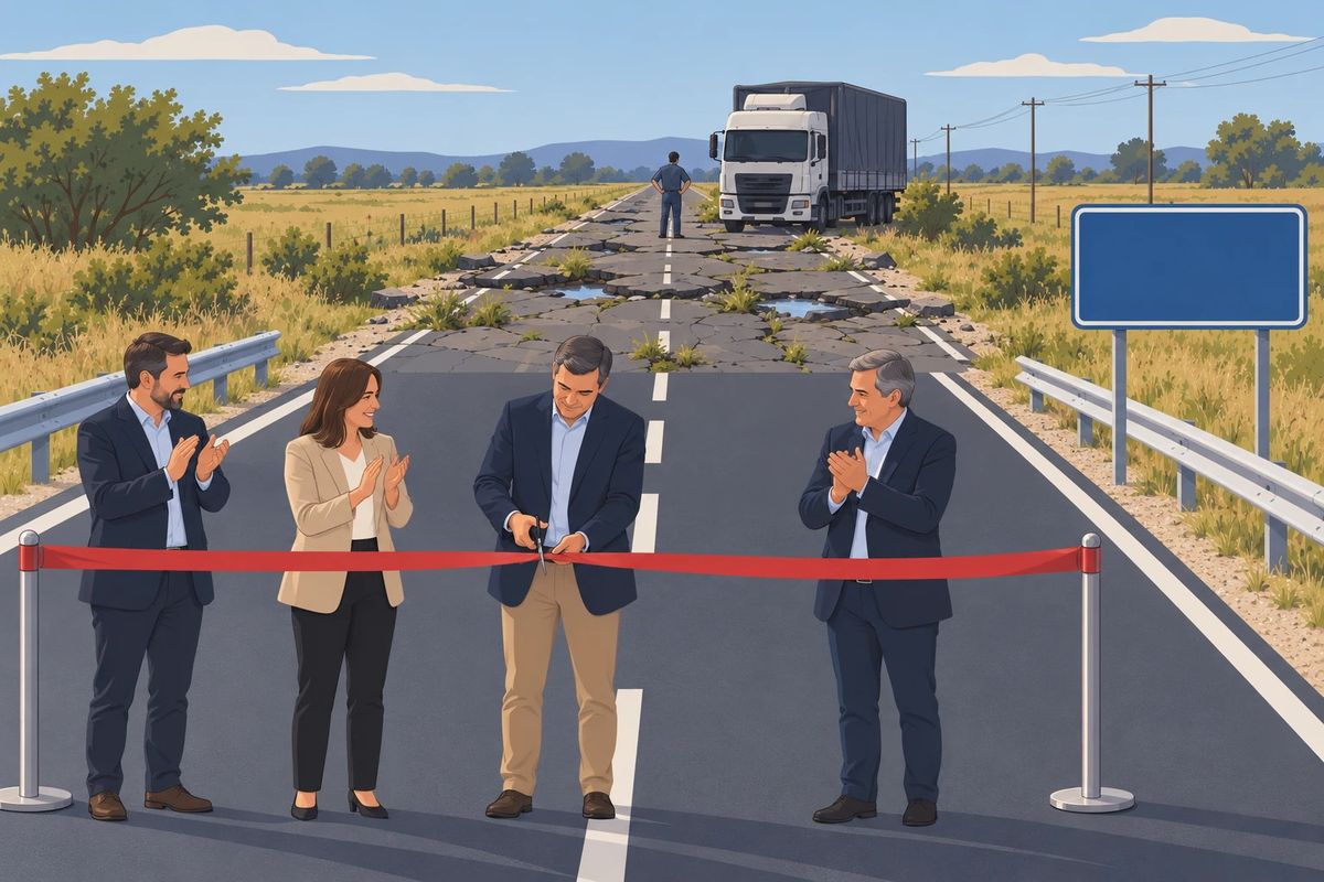 Ilustracion de una inauguracion de ruta. En primer plano, cuatro personas de traje cortan una cinta roja con una tijera sobre asfalto nuevo, recien pintado, con la linea blanca impecable. Unos metros mas atras, la misma ruta esta rota: pozos con agua, placas de asfalto levantadas y yuyos creciendo en las grietas. Un camion quedo detenido ahi y el conductor, parado al lado, mira el pavimento. A la derecha hay un cartel vial azul en blanco. Es una sola ruta y el deterioro se ve desde la cinta.